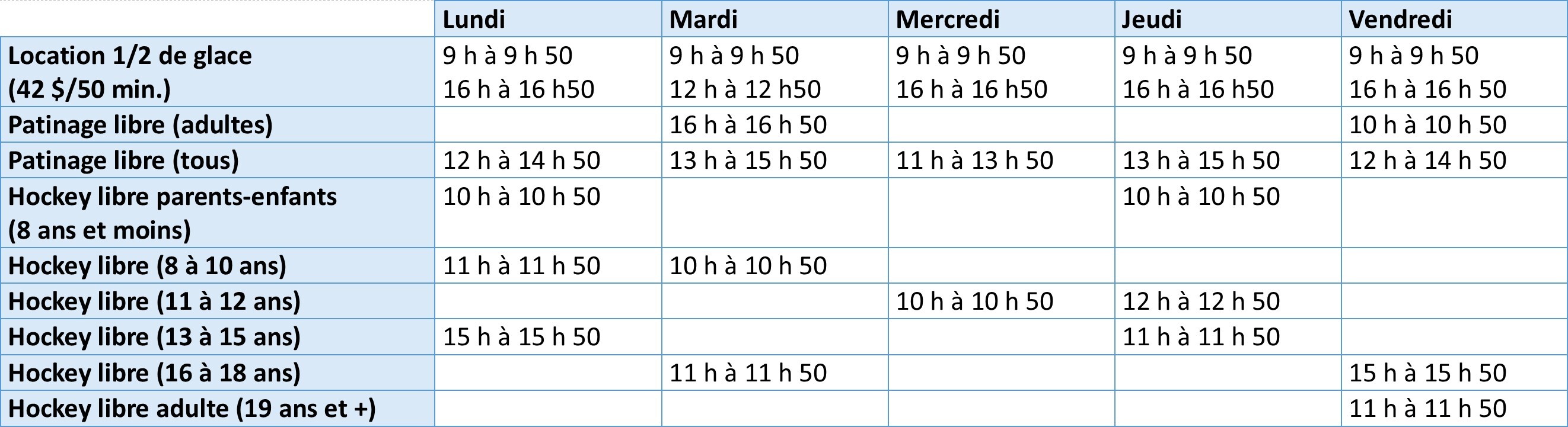 Horaire relâche aréna 2026