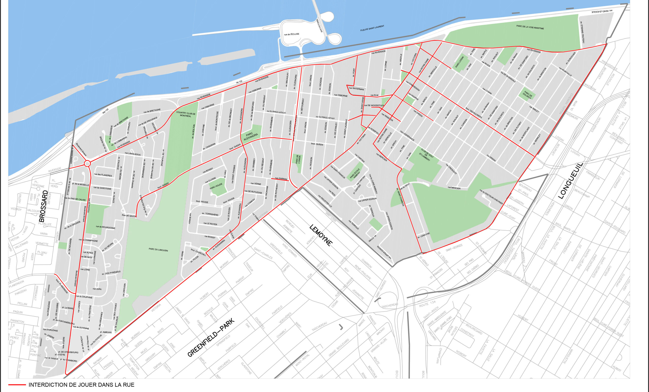 Carte des rues où les jeux libres sont interdits